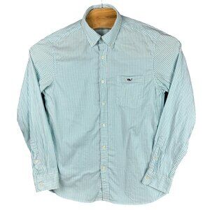 Vineyard Vines Shirt Men's Medium White & Blue Whale Striped Cotton Lycra
